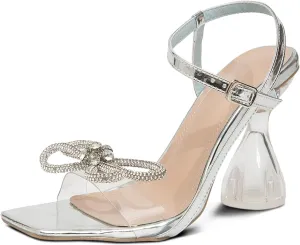 GATUXUS Women's Crystal High Heels Sandals with Rhinestone Bow Square Toe Ankle Strap Wine Glasses Heel Wedding Shoes