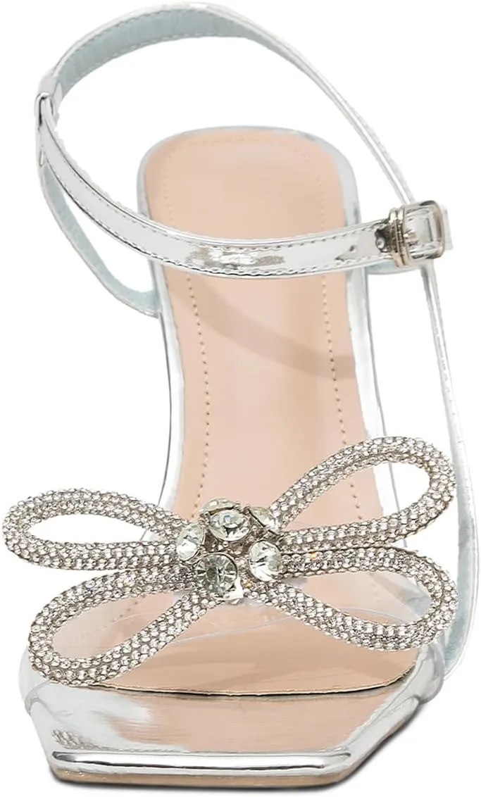 GATUXUS Women's Crystal High Heels Sandals with Rhinestone Bow Square Toe Ankle Strap Wine Glasses Heel Wedding Shoes