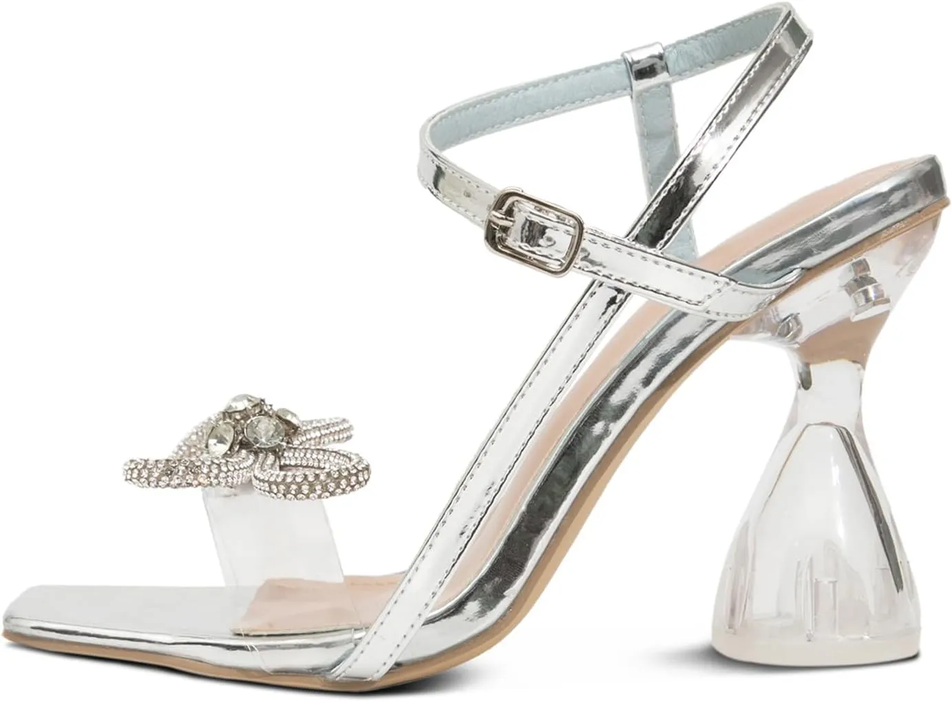 GATUXUS Women's Crystal High Heels Sandals with Rhinestone Bow Square Toe Ankle Strap Wine Glasses Heel Wedding Shoes