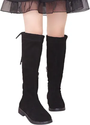 Girls' Boots Lace-Up Zipper Winter Boots Kid's Leather Knee High Fashion Boots 3-12 Years (Black, 10.5-11 Years Big Kids)