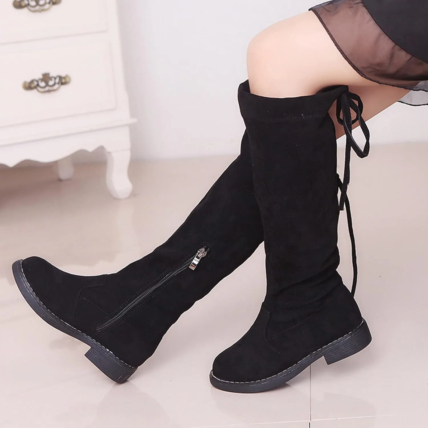 Girls' Boots Lace-Up Zipper Winter Boots Kid's Leather Knee High Fashion Boots 3-12 Years (Black, 10.5-11 Years Big Kids)