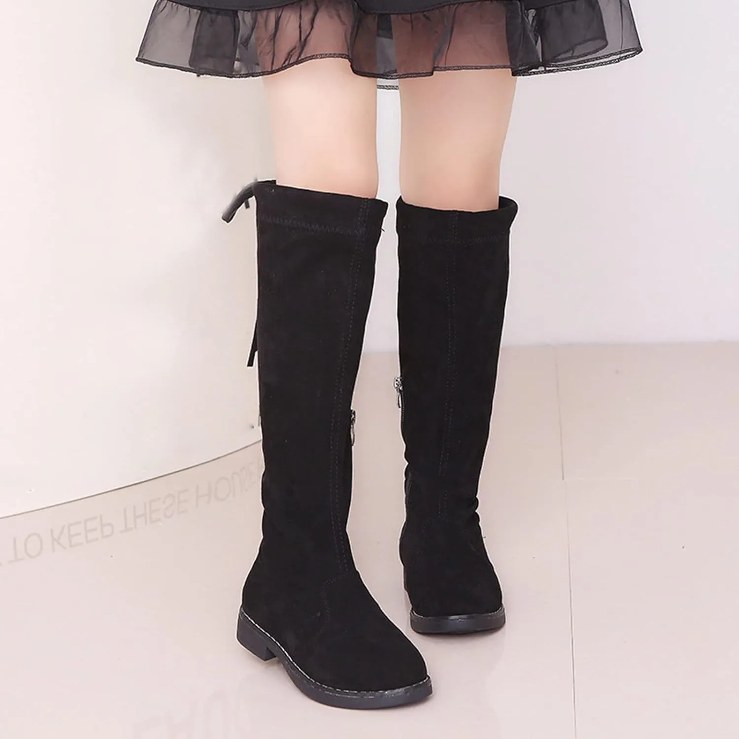 Girls' Boots Lace-Up Zipper Winter Boots Kid's Leather Knee High Fashion Boots 3-12 Years (Black, 10.5-11 Years Big Kids)